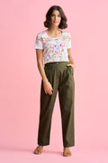 Tab Detail Cotton Pant - Dark Green