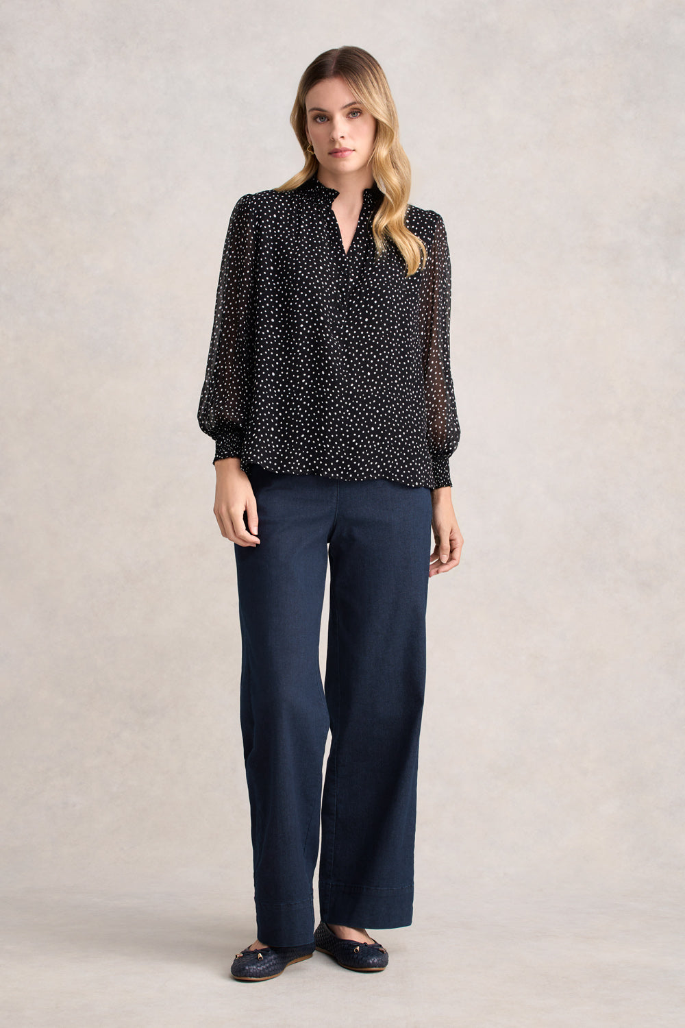 Shirred Georgette Blouse - Black & White Spot