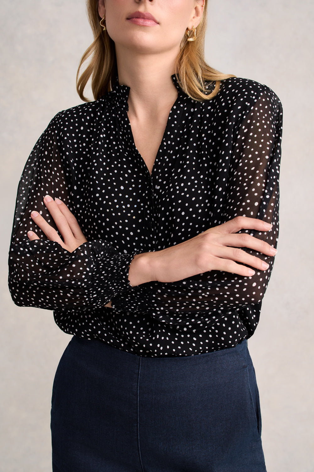 Shirred Georgette Blouse - Black & White Spot