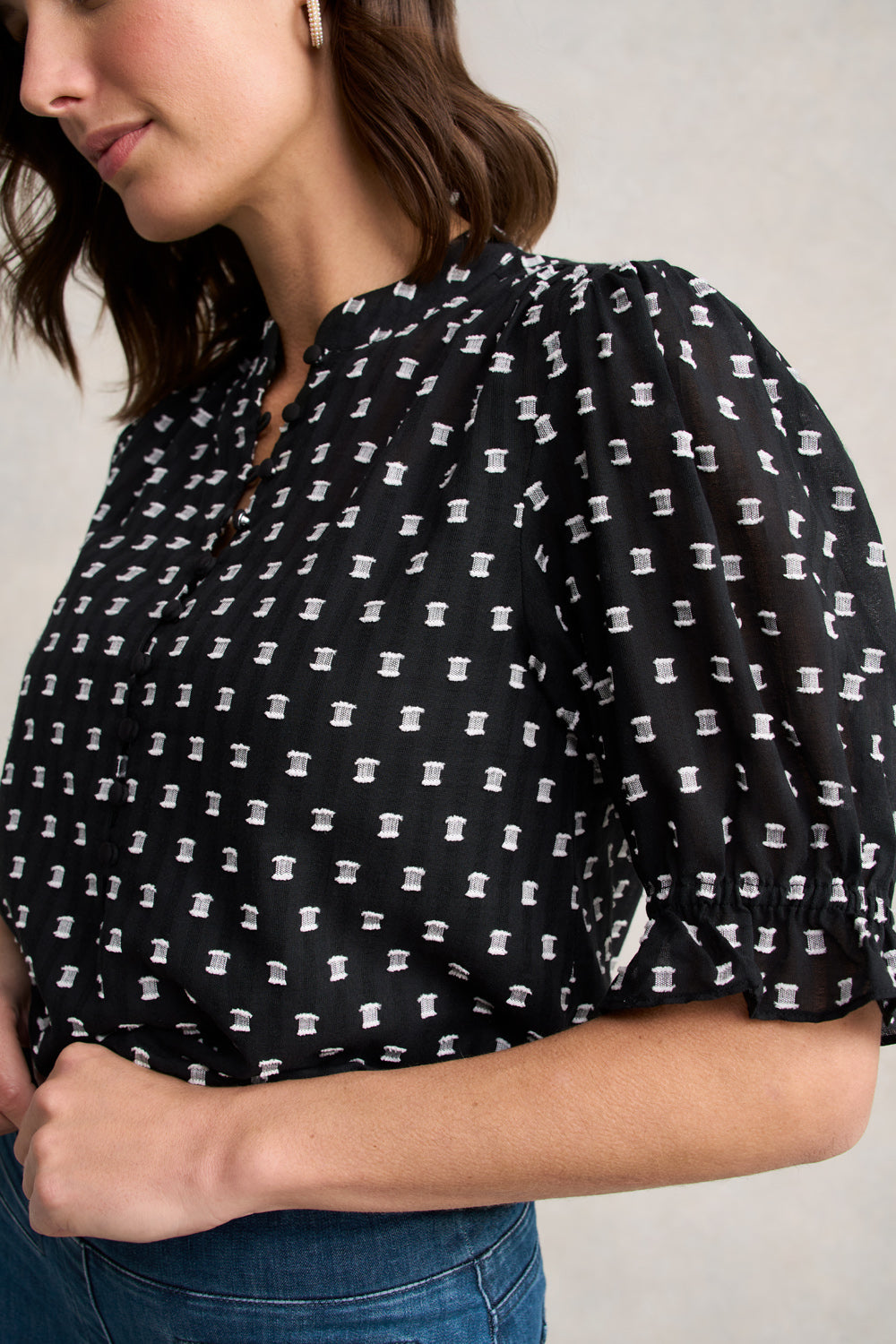 Jacquard Cotton Blouse – Black & White Multi