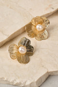 Flower and Pearl Statement Studs - Gold