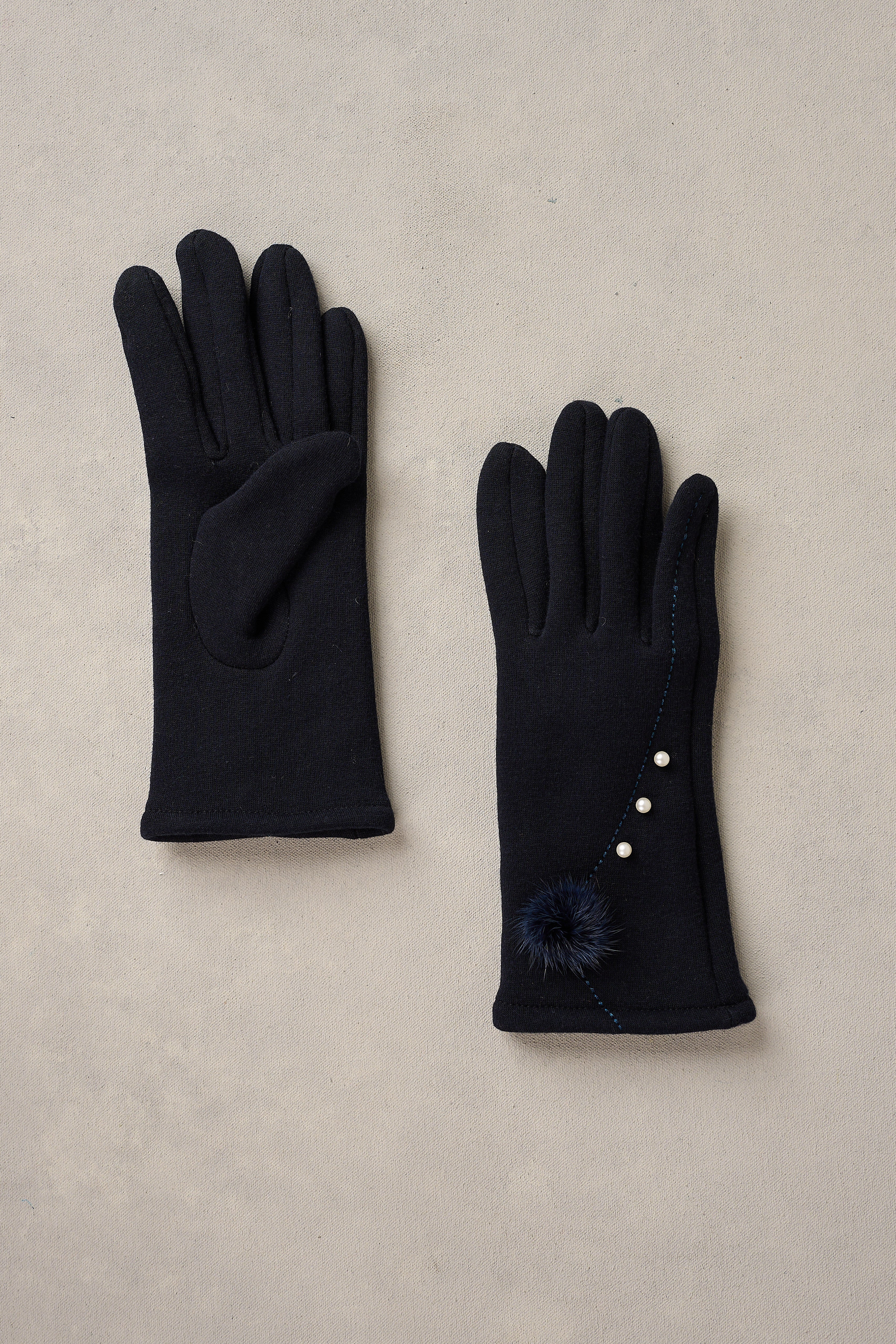 Pearl Trim Pom Gloves - Navy
